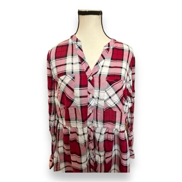 Women’s torrid 1 Beet Red Plaid Emma Babydoll Challis Button Front Tunic 14 16 - Picture 9 of 12